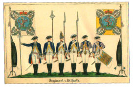 Uniformierung des Regiments 1785. Links Leibfahne, rechts Kompaniefahne.